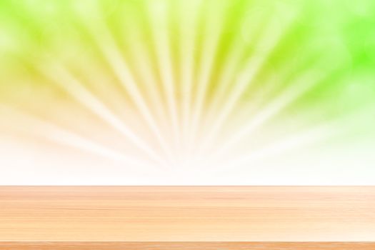 empty wood table floors on soft green bokeh lights beam shine gradient background, wooden plank empty on green bokeh colorful light shine, colorful bokeh lights gradient soft for banner advertising