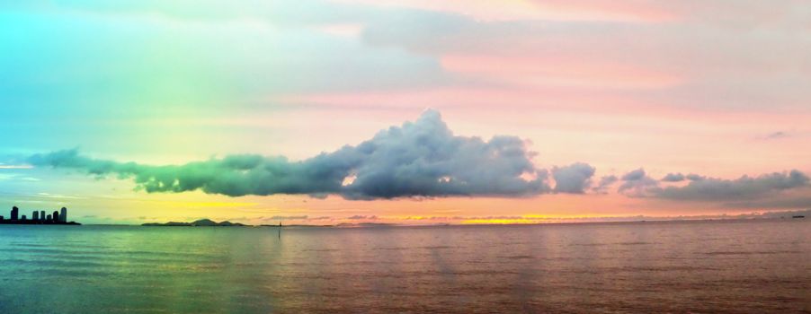 blur of sunset on horizon in sea panorama