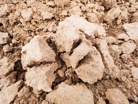 Dry dusty clay on the field. Empty plowed field waits for sowing. Dust from the dry clay wind blowing away. Hot spring day in the field