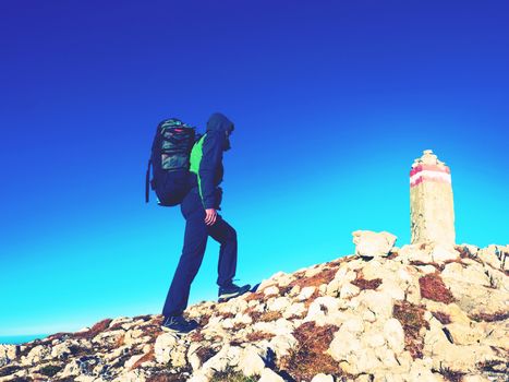 Hiker with backpack climbing on mountain peak. Summit stone at Alps mountain top. Tourist walk with  heavy backpack  