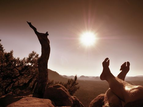 Naked male sweaty legs on peak of rock at broken pine tree. Hot windless summer day. Man take a rest on the treeking trip. Red filter, Vivid and strong vignetting effect.
