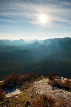 Rocky gulch full of gentle fog and Sun is hidden in heavy mist. Sharp cliffs