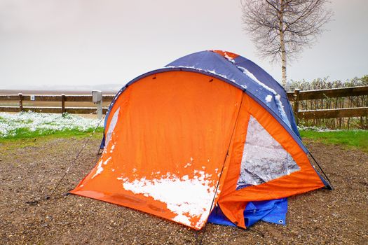 Orange touristic tent covered with snow. Tent on sandy ground, fresh green grass with snow in background. Early snowy spring in camp.