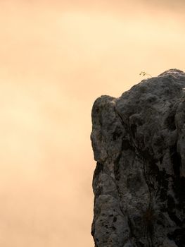 Sharp sandstone cliffs above deep misty valley. Rocks sticking up from fogy lanscape to sky.  Soft focus.