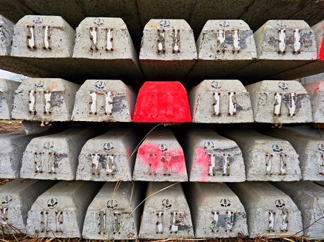 Sleepers production. Concrete casting and assembly.  New concrete railway ties stored for reconstruction of old railway