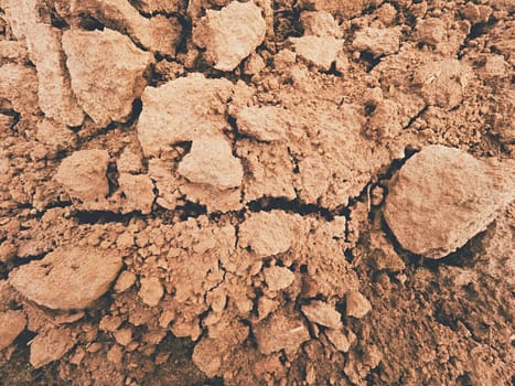 Dry dusty clay on the field. Empty plowed field waits for sowing. Dust from the dry clay wind blowing away. Hot spring day in the field