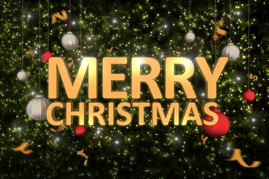 Golden merry christmas typography with ball and confetti on lighting christmas tree background., 3D rendering.