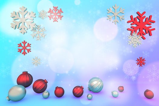 Ball and snowflake on lighting blue background., christmas and happy new year concept., 3D rendering.