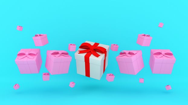 White gift box with red ribbon among many pink gift box floating on blue background., 3D rendering.