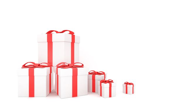 Decorative gift boxes with red bows and ribbons with white background., 3D rendering.