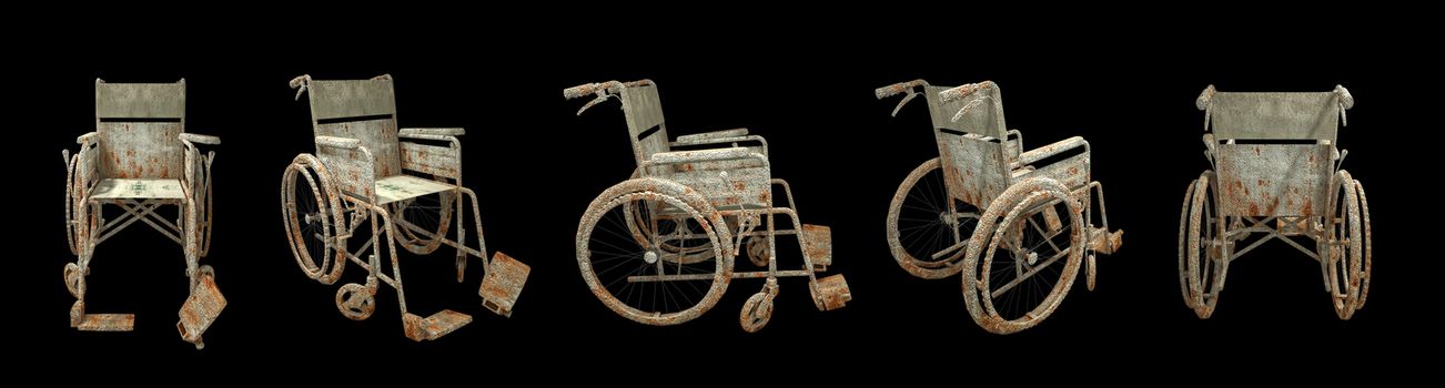 horror creepy and damage wheelchair isolated over black background with clipping path.,3D rendering.