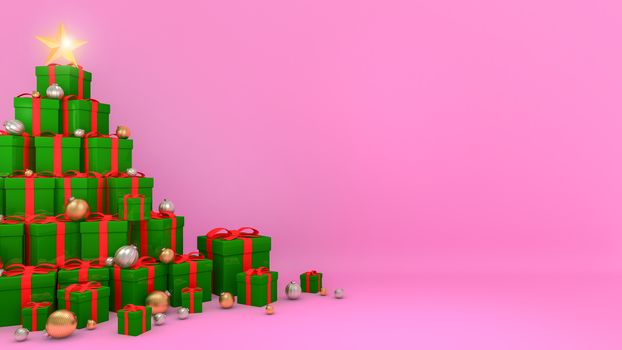 Green gift boxes with red ribbons laid out in the shape of a Christmas tree with pink background., 3D rendering.