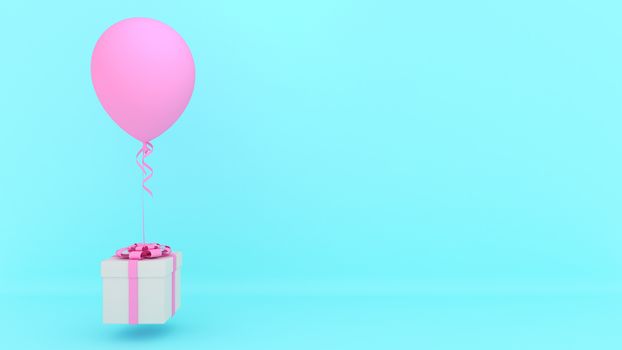 White gift box with red ribbon and pink balloon on blue background.,minimal christmas and newyear concept., 3D rendering.