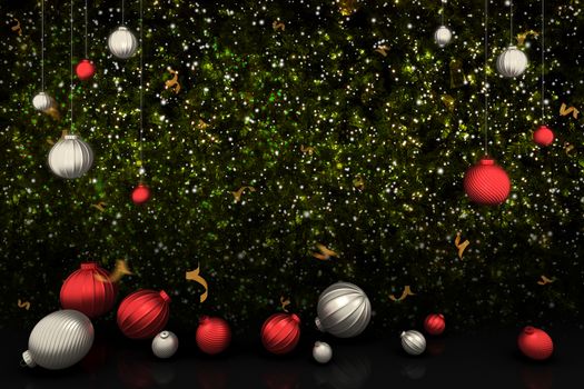 Ball and confetti on lighting christmas tree background., christmas and happy new year concept., 3D rendering.