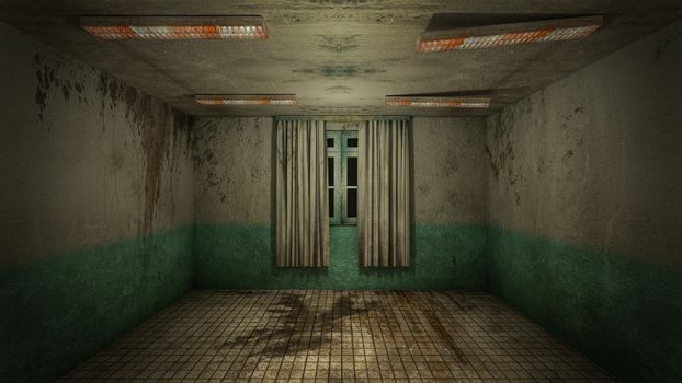 The interior design of horror and creepy damage empty room., 3D rendering.