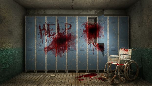 horror and creepy Locker room in the hospital with blood .3D rendering