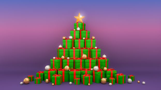 Green gift boxes with red ribbons laid out in the shape of a Christmas tree on lighting christmas tree background., 3D rendering.