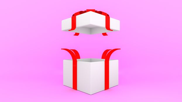 Open white gift box with red ribbon on pink background.,minimal christmas and newyear concept., 3D rendering.