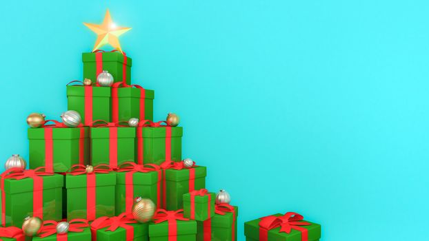 Green gift boxes with red ribbons laid out in the shape of a Christmas tree with blue background., 3D rendering.