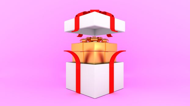 Open white gift box with red ribbon and inside golden box on pink background.,minimal christmas and newyear concept., 3D rendering.