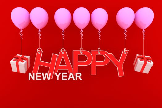 Happy New Year concept with red paper cuted and white gift boxes and red ribbons on pink balloon with red background., 3D rendering.
