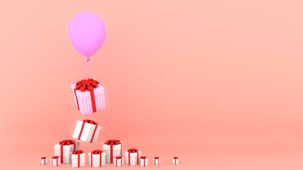 White gift box with red ribbon and pink balloon on pink pastel background.,minimal christmas and newyear concept., 3D rendering.
