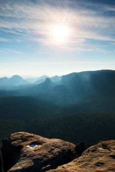 Spring misty morning in  forest landscape. Majestic peaks cut lighting mist. Deep valley is full of colorful fog and rocky hills are sticking up to Sun.