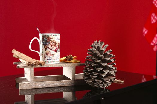 christmas setting with hot drink with copy space