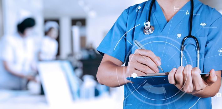 Smart medical doctor writing nformation patient medical on a clipboard at the hospital with VR icon diagram