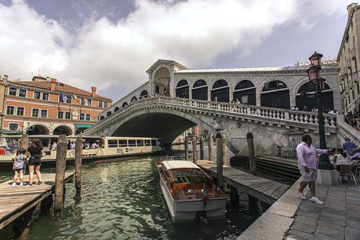 VENICE, ITALY 2 JULY 2020: Three quarter view of the Rialto bridge in Venice