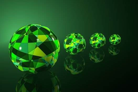 3D sphere with an abstract pattern in the form of trapezoids and triangles in green light on a dark background