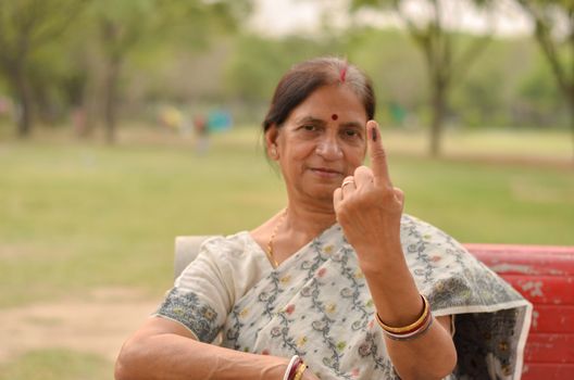 Senior Indian woman sitting on the red bench in a park and showing their inked finger after casting their vote in Indian assembly election in New Delhi, India