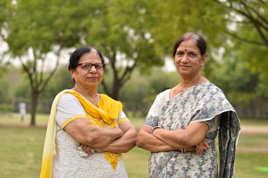 Portrait of two senior Indian women friends sisters women standing in a park wearing saree and salwar kamiz with crossed / folded hands during summers in New Delhi, India