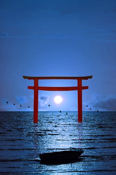 full moon clear night sky over torii and silhouette birds flying and fishing boat on the sea