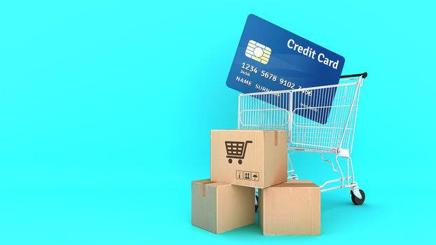 Many Paper boxes and credit card in a shopping cart with green background., shopping online or shopaholic concept, 3D rendering.
