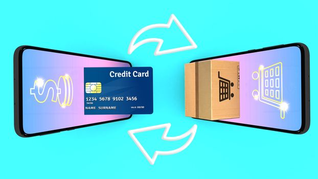 Package and credit card are appeared from smartphones screen., E-commerce flat and shopping online concept., 3D rendering.
