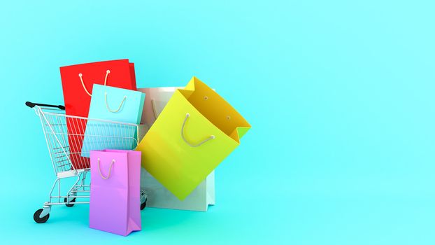 Colourful paper shopping bags on shopping cart with blue Background., shopping lover or shopaholic concept, 3D rendering.