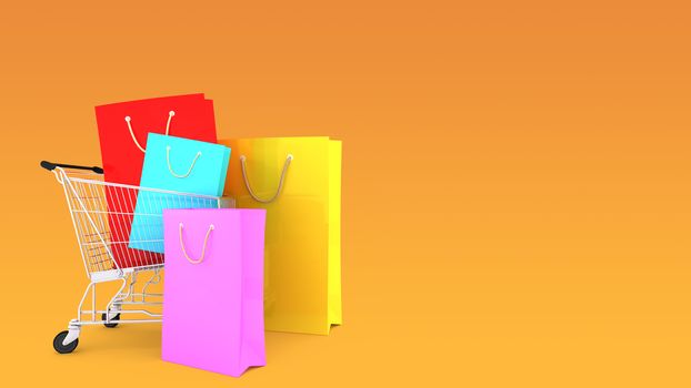 Colourful paper shopping bags on shopping cart with Orange Background., shopping lover or shopaholic concept, 3D rendering.