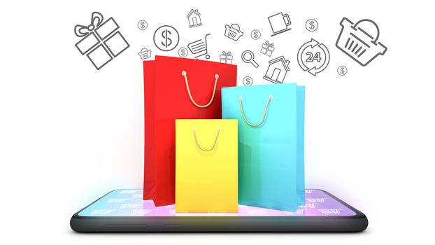 Colourful paper shopping bags on mobile phone with shopping icon and white Background., shopping online or shopaholic concept, 3D rendering.