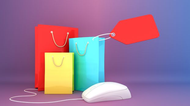 Colourful paper shopping bags and price tag with computer mouse., shopping online concept or shopaholic concept, 3D rendering.