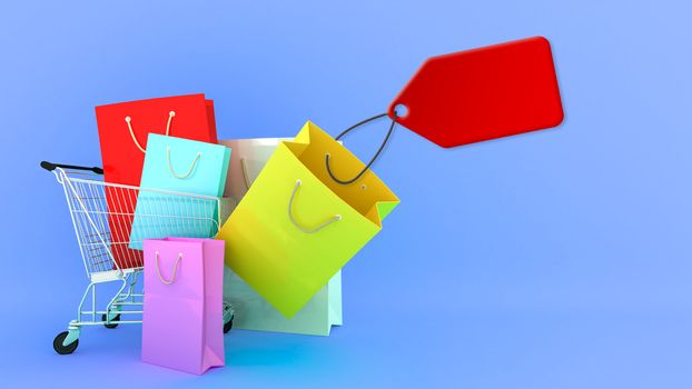 Colourful paper shopping bags on shopping cart and price tag with blue Background., shopping lover or shopaholic concept, 3D rendering.