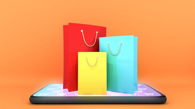 Colourful paper shopping bags on mobile phone with orange Background., shopping online or shopaholic concept, 3D rendering.