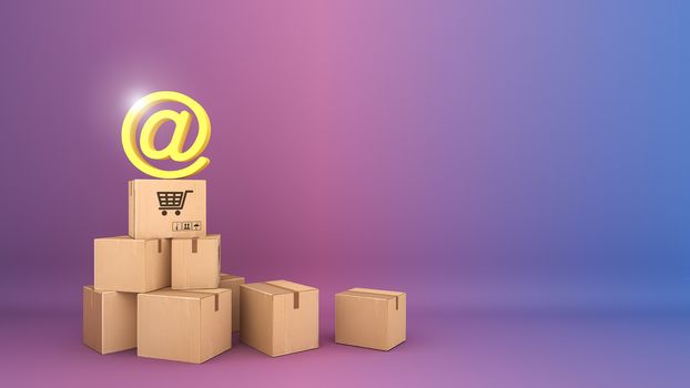 Many Paper boxes appeared and @ symbol., shopping online or shopaholic concept, 3D rendering.