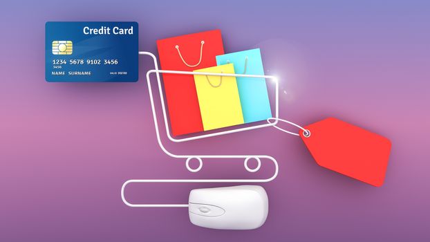 Colourful paper shopping bags and price tag and credit card with computer mouse., shopping online concept or shopaholic concept, 3D rendering.