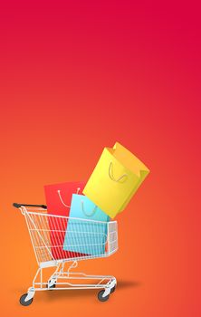 Colourful paper shopping bags on shopping cart with red Background., shopping lover or shopaholic concept, 3D rendering.