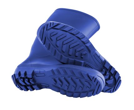 a pair of clean and new blue rubber boots isolated on white background.