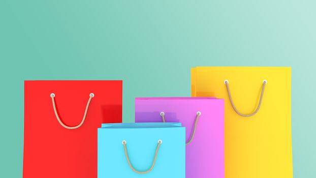 Colourful paper shopping bags on Green Background., 3D rendering.