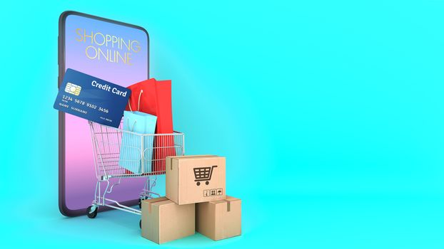 Many Paper boxes and Colourful paper shopping bags and credit card in a shopping cart appeared from smartphones screen., shopping online or shopaholic concept, 3D rendering.