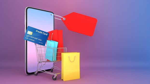 Many Paper boxes and price tag and credit card in a shopping cart appeared from smartphones screen., shopping online or shopaholic concept, 3D rendering.