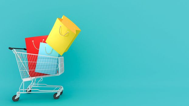 Colourful paper shopping bags on shopping cart with blue Background., shopping lover or shopaholic concept, 3D rendering.